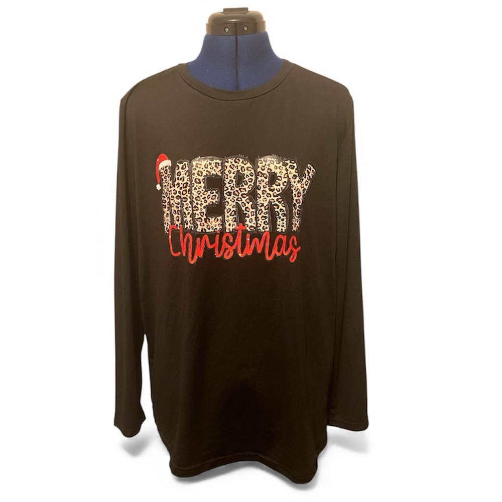Merry Christmas Leopard Animal Print Long Sleeve Black Crew Neck Shirt | Size XL